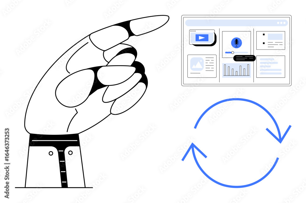 Poster robotic hand directing attention to analytic dashboard with graphs, video, and automation icons. ide
