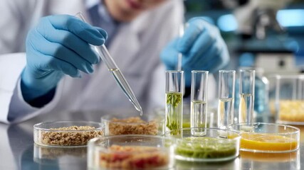 Hands of a food scientist mixing experimental food samples in test tubes and petri dishes highlighting the scientific approach to food formulation and preservation.