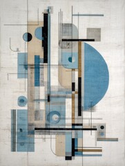 Geometric abstraction with blue, tan, black, and grey shapes on a textured, aged background