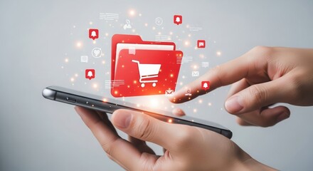 Person using smartphone to access digital shopping cart and file management system with glowing icons