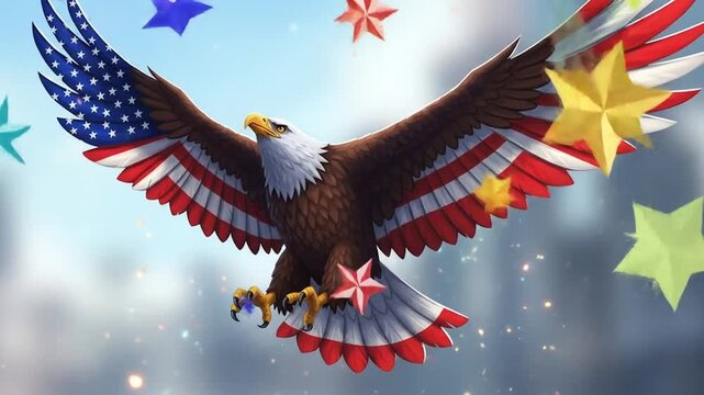 An American eagle with wings spread, decorated with the US flag, soaring in the sky.