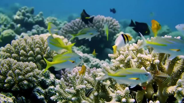Vibrant Coral Reef Scene with Yellowtail Snapper Fish