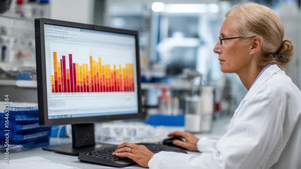 Poster pharmacologist reviews data charts on a computer screen correlating compound concentrations with bio