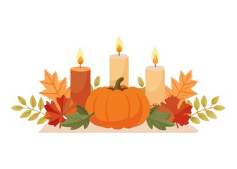 a pumpkin and candles with leaves and leaves around it