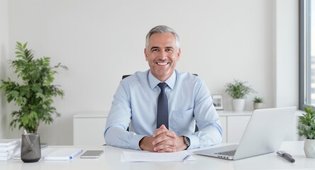 Confident Businessman at Desk, Ready to Help You Succeed
