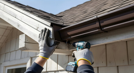 Man installing a gutter on a house roof using a power drill. New rain gutter system construction and repair concept for home improvement.