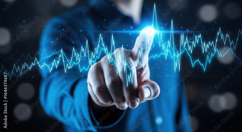 Aufkleber fingertip touching glowing digital waveform representing data analysis and technological advancement