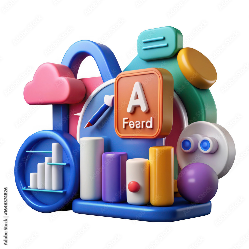 Poster abstract 3d shapes and icons representing data and technology isolated on transparent background