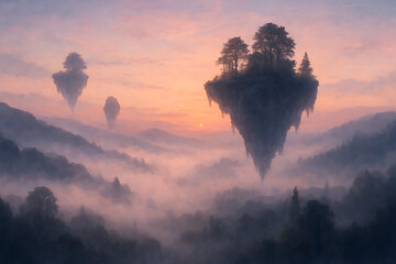 Surreal landscape featuring floating islands with trees, shrouded in mist, against a pastel sunset backdrop, creating a dreamlike atmosphere.