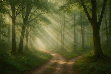 Obraz premium A serene forest path illuminated by soft sunlight filtering through green trees, creating a tranquil and enchanting atmosphere.