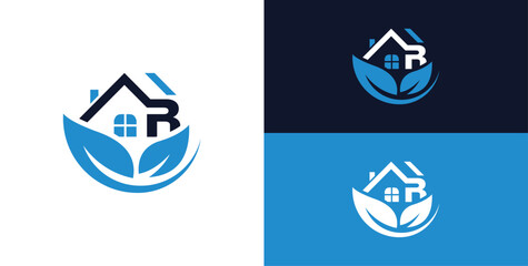 Greenhouse logo letter R, home care, simple linear house logo concept with leaves