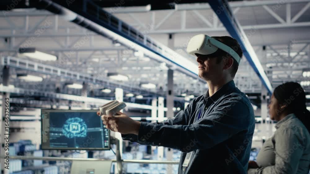 Poster data center employee check ai dashboard using vr headset during systems review. server hub worker us