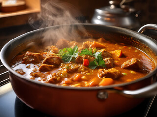 Warm Close-up: A Pot of Curry Simmering and Bubbling on a Kitchen Stove

