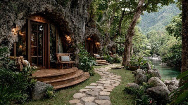 Rock-embedded villas amidst lush greenery, stone path winding toward a river in a serene setting