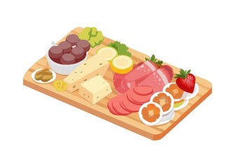 a wooden cutting board with meat and vegetables