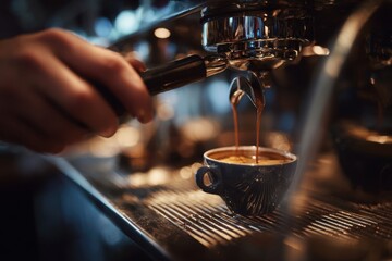 Barista preparing espresso coffee with professional machine