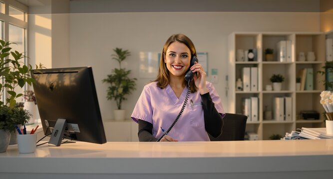Friendly Medical Receptionist Answering Phone Call, Scheduling Appointments, Excellent Patient Care