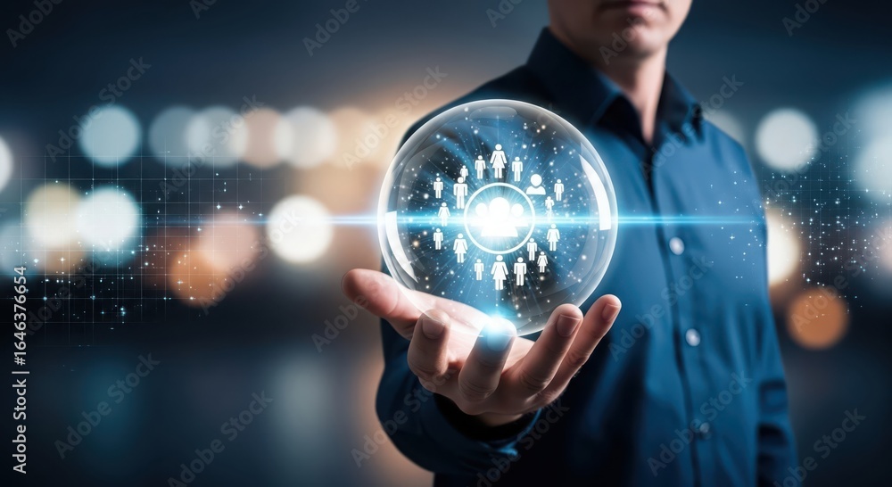 Poster man holding a glowing crystal ball displaying a network of connected people and data visualizations