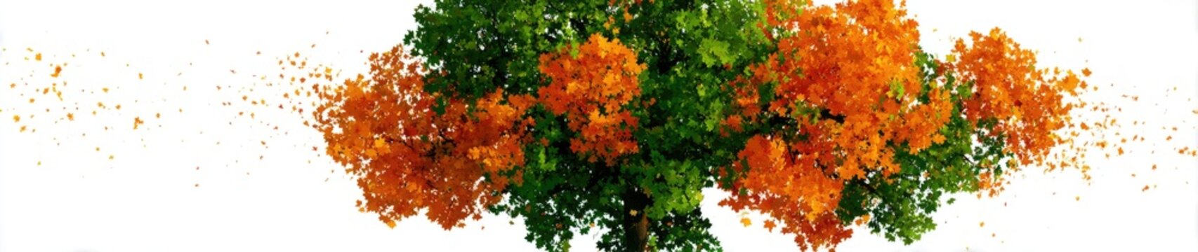 A green tree with orange flowers has a pixilation effect as pieces fly away on edges