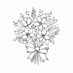 Hand drawn line ink or sketch style bouquet of flowers with ribbon and bow for wedding invitations or wall art drawing.