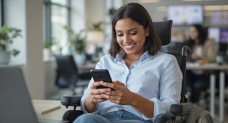 Happy Businesswoman Using Smartphone in Modern Office