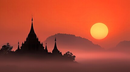 Silhouette of a temple at sunrise through a misty landscape.