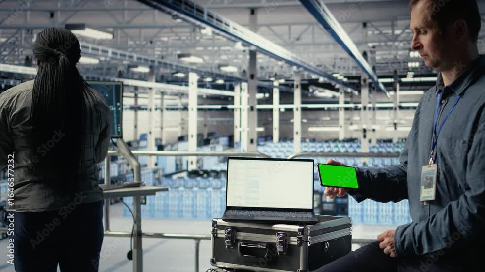 Poster data center worker uses isolated screen smartphone while deploying deep learning software. server hu