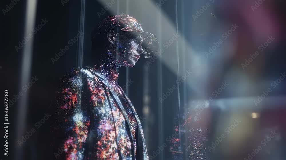 Poster sharp medium shot of an aidriven closet projecting dynamic clothing patterns onto a model the surrou