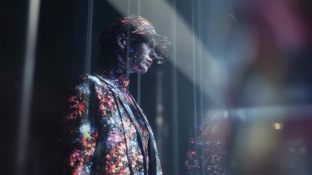 Sharp medium shot of an AIdriven closet projecting dynamic clothing patterns onto a model the surrounding blurred environment suggesting multiple virtual universes merging their