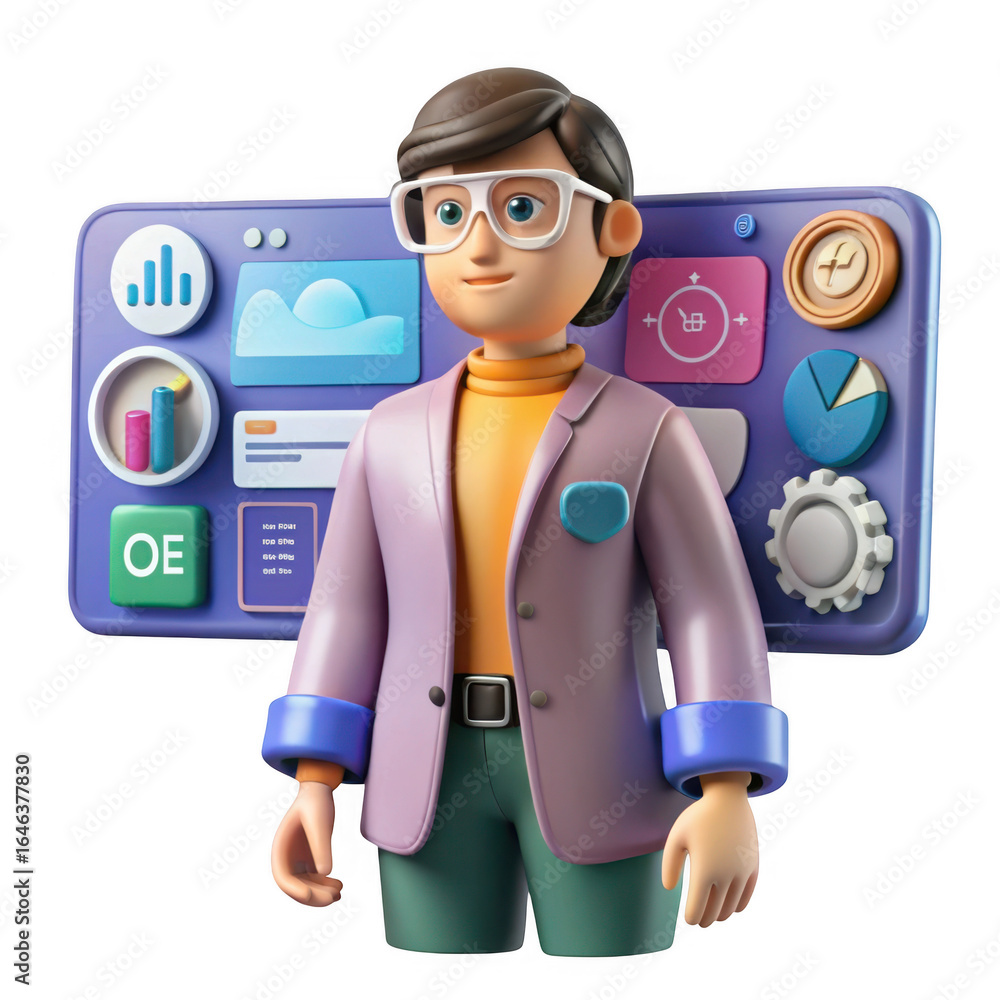 Poster 3d cartoon character with futuristic interface showing data and apps isolated on transparent background