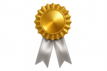 Golden award rosette with silver ribbons, representing achievement, recognition, and success, isolated on transparent background