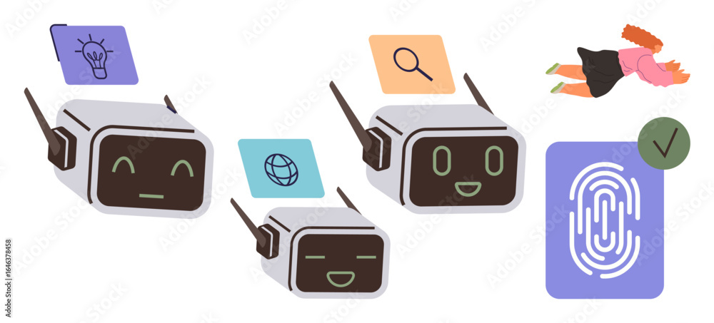Aufkleber robots interacting with icons for idea generation, online search, and fingerprint authentication. wo