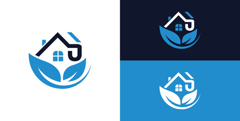 Greenhouse logo letter U, home care, simple linear house logo concept with leaves