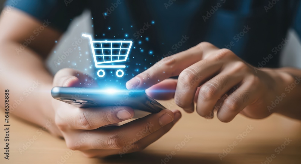 Poster person using a smartphone to browse products and make purchases with a digital shopping cart icon ap