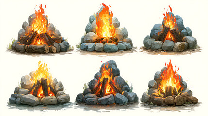 Six cartoon style campfire illustration pictures