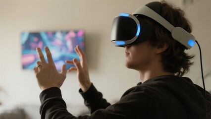 A young man wearing a VR headset, interacting with a virtual environment, in a modern living room setting.