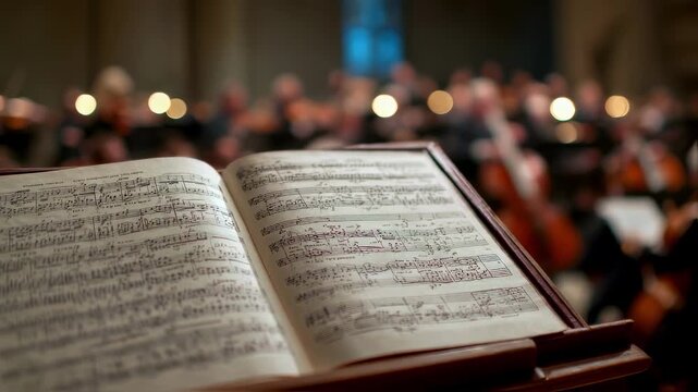 Medium shot centered on a hymnboard showing dynamically transposed tenor sheet music from cloudsync with softly unfocused congregation and instruments in the backdrop.