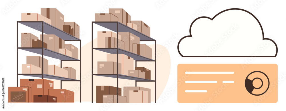 Poster stacked shelves filled with cardboard boxes alongside a cloud and data dashboard. ideal for logistic