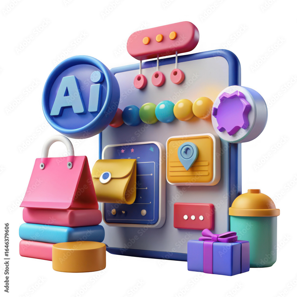 Poster 3d render of ai technology icons and shopping elements isolated on transparent background