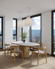 Modern home interior with an open-plan living and dining room featuring a contemporary design, sleek furniture, and a large window, 3d render
