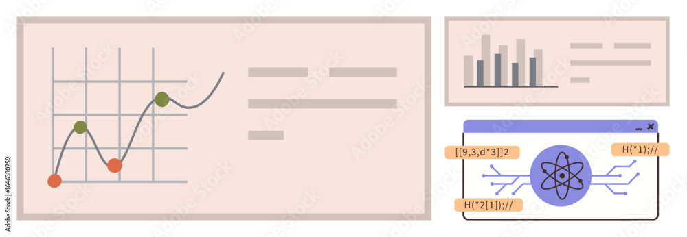 Poster line graph with data points, bar chart, and atomic structure connecting key tags. ideal for science,