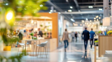 Exhibition Hall Ambience: Blurred view of an exhibition hall, bustling with activity and showcasing diverse business booths, illuminated by soft lights. 