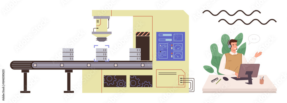 Poster factory conveyor sorting products with robotic precision, operator monitoring via computer. ideal fo