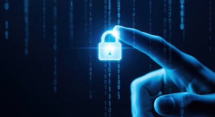 Digital security concept with glowing lock activated by fingerprint scan amidst binary code rain