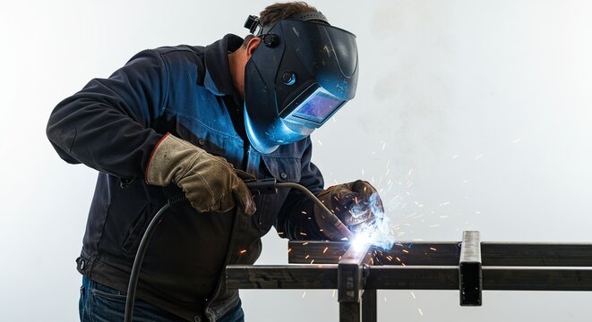 Skilled welder in protective gear creating sparks while working on metal project isolated on transparent background