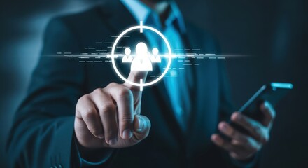 Business professional targets a digital human silhouette with a glowing crosshair on a futuristic interface