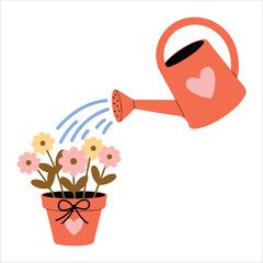 playful garden watering can nurturing flowers vector art isolated white