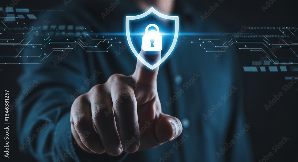 Aufkleber fingertip touches glowing digital shield with padlock symbol representing cybersecurity and data pro