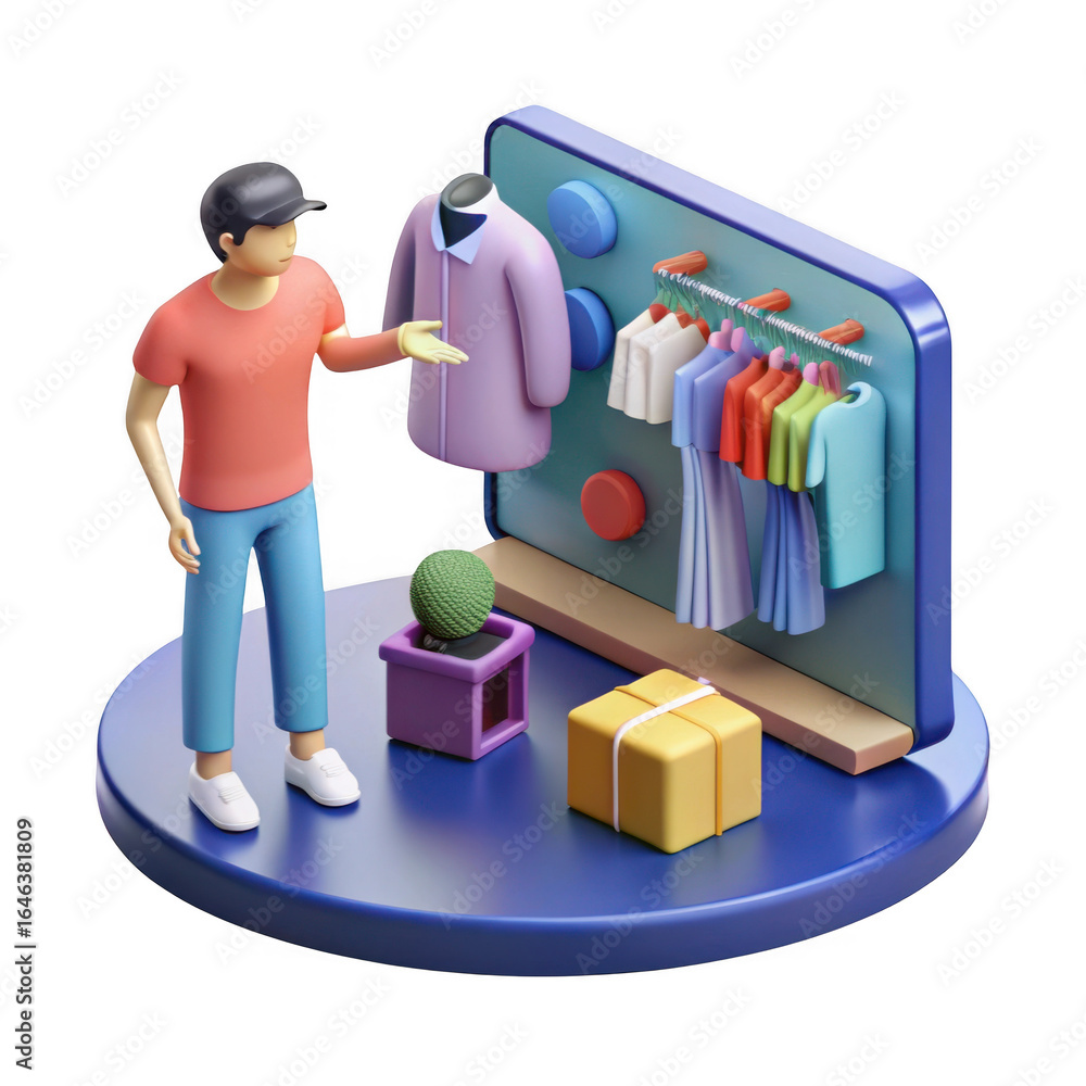 Poster man browsing online clothing store with virtual try on feature isolated on transparent background