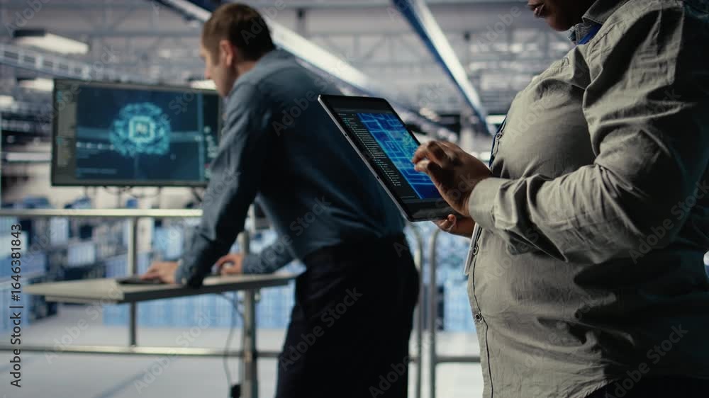 Poster close up of data center system administrators deploying deep learning software on rigs. team of serv